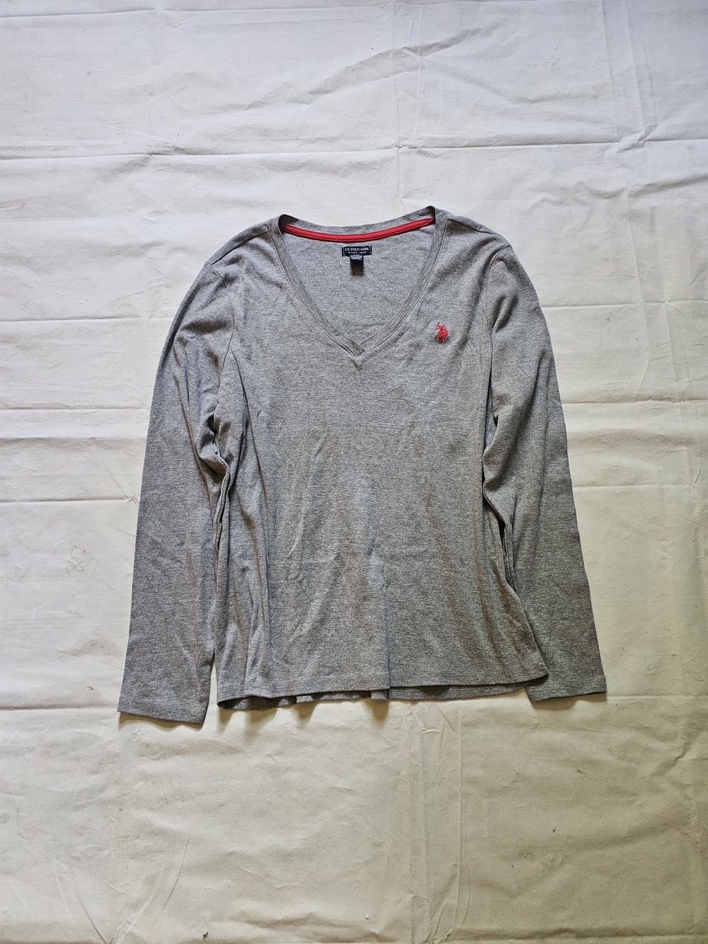 U.S. Polo Assn. Gray Long Sleeve V-Neck with Red Logo Accent